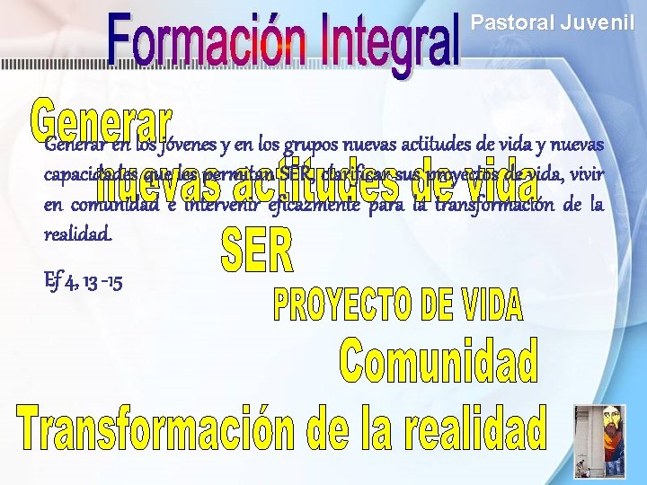 Pastoral Juvenil Generar en los jóvenes y en los grupos nuevas actitudes de vida Pastoral Juvenil Generar en los jóvenes y en los grupos nuevas actitudes de vida