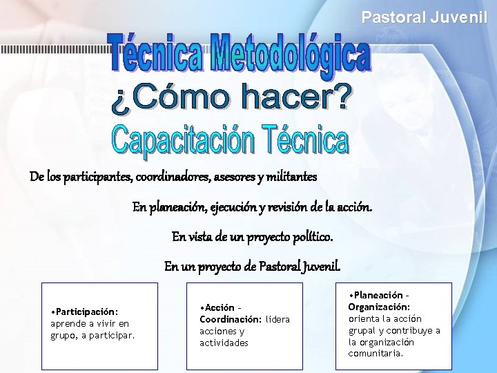 Pastoral Juvenil De los participantes, coordinadores, asesores y militantes En planeación, ejecución y revisión Pastoral Juvenil De los participantes, coordinadores, asesores y militantes En planeación, ejecución y revisión