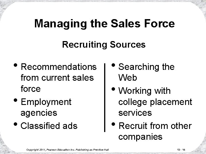 Managing the Sales Force Recruiting Sources • Recommendations • Searching the • • from Managing the Sales Force Recruiting Sources • Recommendations • Searching the • • from