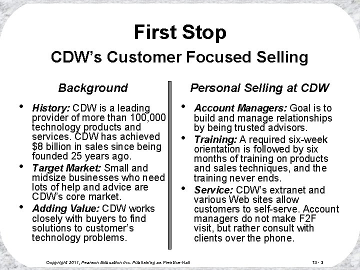 First Stop CDW’s Customer Focused Selling Personal Selling at CDW Background • • • First Stop CDW’s Customer Focused Selling Personal Selling at CDW Background • • •
