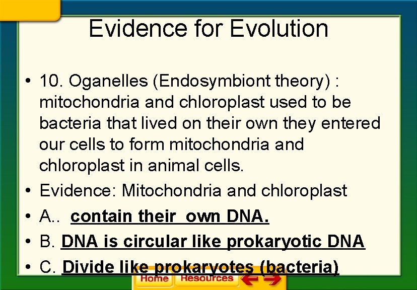 Evidence for Evolution • 10. Oganelles (Endosymbiont theory) : mitochondria and chloroplast used to