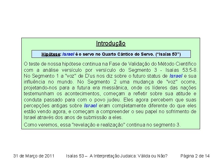 Introdução Hipótese: Israel é o servo no Quarto Cântico do Servo. (“Isaías 53”) O