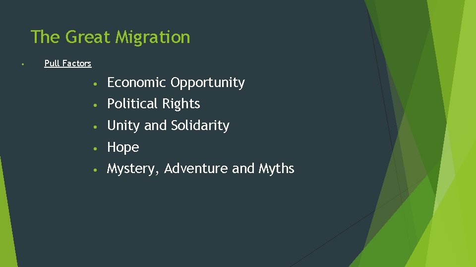 The Great Migration • Pull Factors • Economic Opportunity • Political Rights • Unity