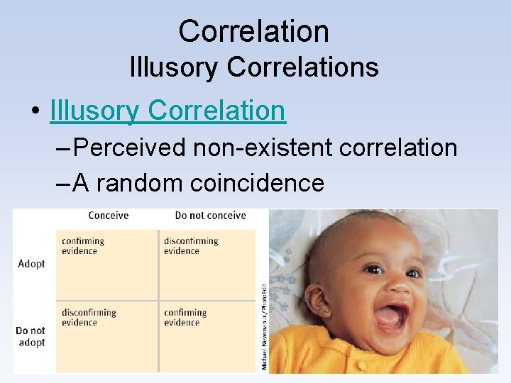 Correlation Illusory Correlations • Illusory Correlation – Perceived non-existent correlation – A random coincidence