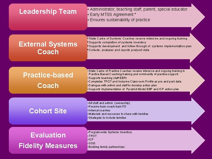 Leadership Team External Systems Coach Practice-based Coach Cohort Site Evaluation Fidelity Measures • Administrator,