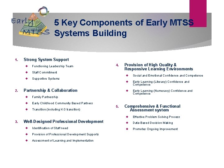 5 Key Components of Early MTSS Systems Building 1. 2. 3. Strong System Support