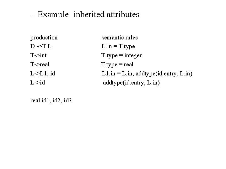 – Example: inherited attributes production D ->T L T->int T->real L->L 1, id L->id