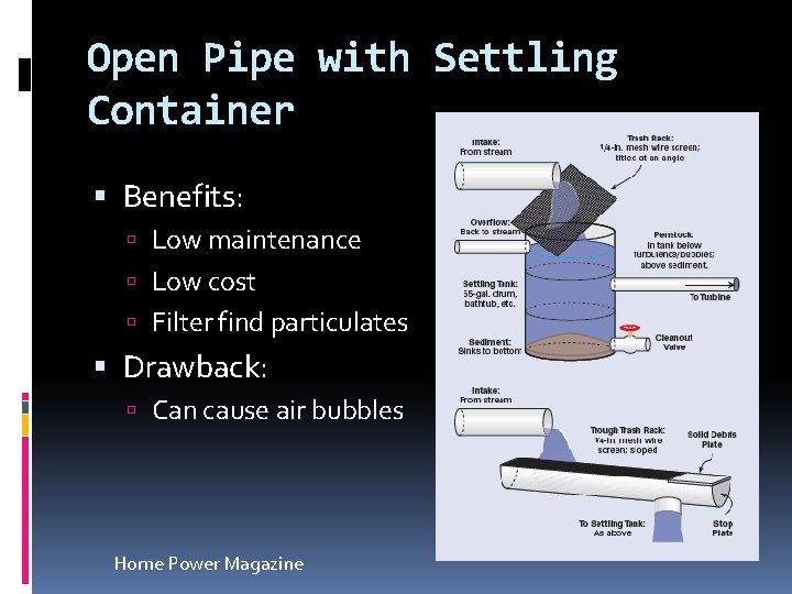 Open Pipe with Settling Container Benefits: Low maintenance Low cost Filter find particulates Drawback: