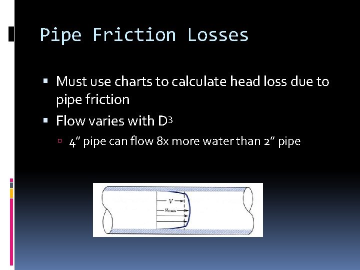 Pipe Friction Losses Must use charts to calculate head loss due to pipe friction
