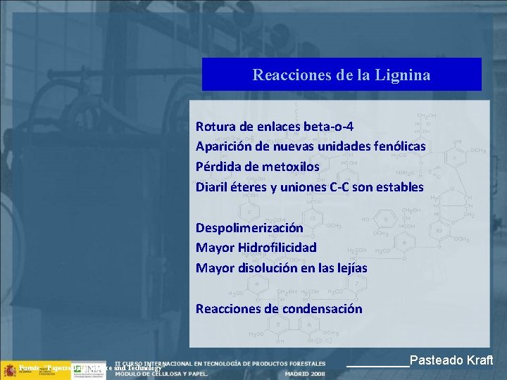 Reacciones de la Lignina Rotura de enlaces beta-o-4 Aparición de nuevas unidades fenólicas Pérdida
