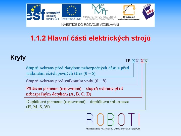 1. 1. 2 Hlavní části elektrických strojů Kryty IP XX X Stupeň ochrany před