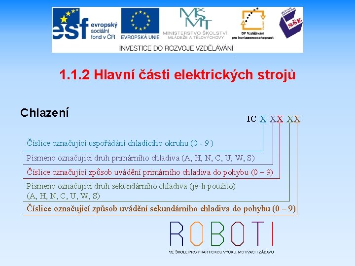 1. 1. 2 Hlavní části elektrických strojů Chlazení IC X XX X Číslice označující