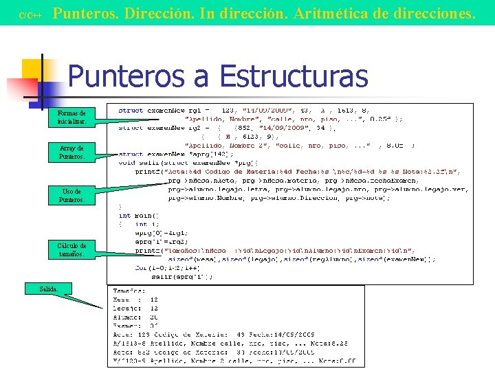 C/C++ Punteros. Dirección. In dirección. Aritmética de direcciones. Punteros a Estructuras Formas de inicializar.