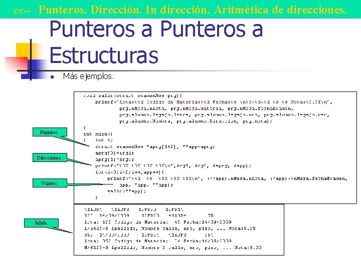 C/C++ Punteros. Dirección. In dirección. Aritmética de direcciones. Punteros a Estructuras n Punteros. Direcciones.