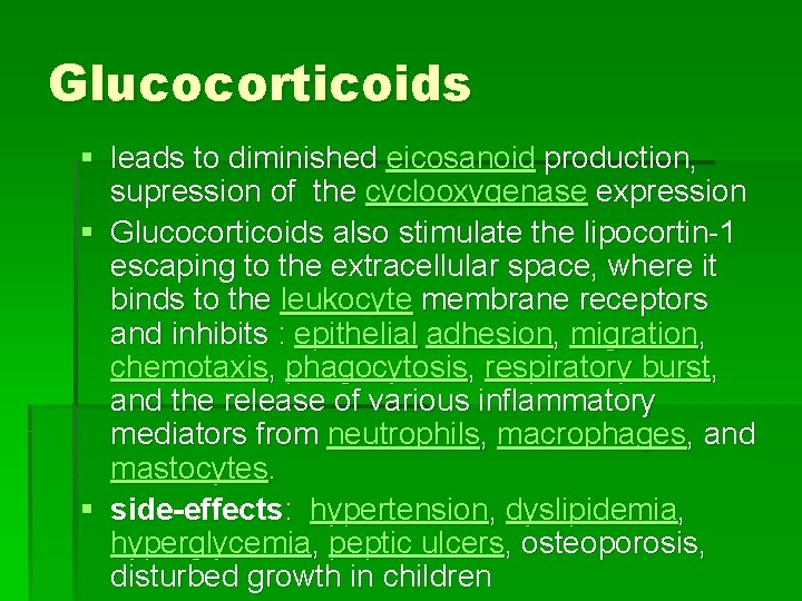 Glucocorticoids § leads to diminished eicosanoid production, supression of the cyclooxygenase expression § Glucocorticoids