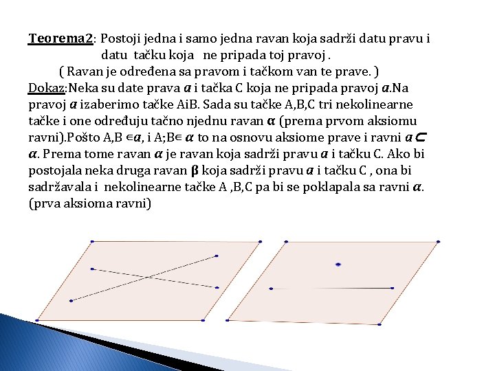 Teorema 2: Postoji jedna i samo jedna ravan koja sadrži datu pravu i datu