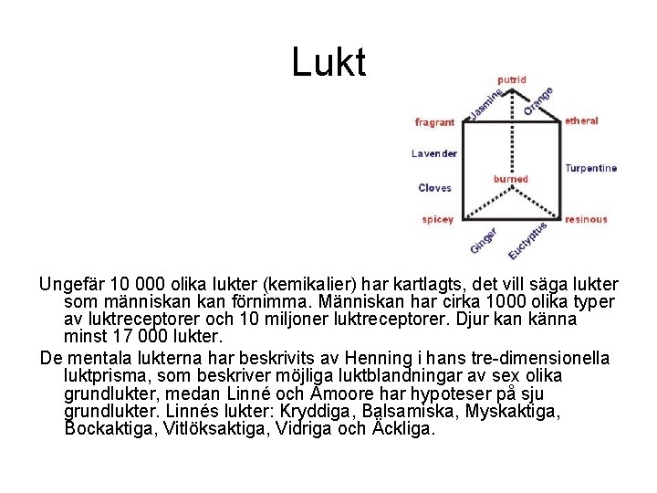 Lukt Ungefär 10 000 olika lukter (kemikalier) har kartlagts, det vill säga lukter som Lukt Ungefär 10 000 olika lukter (kemikalier) har kartlagts, det vill säga lukter som