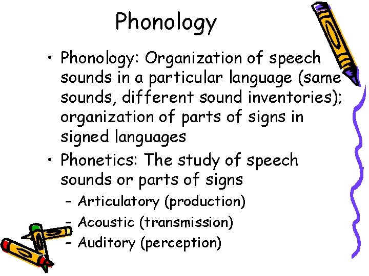 Phonology • Phonology: Organization of speech sounds in a particular language (same sounds, different
