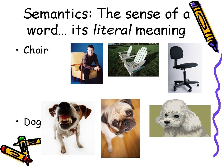 Semantics: The sense of a word… its literal meaning • Chair • Dog 