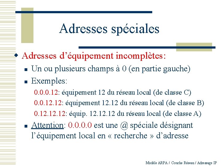 Adresses spéciales w Adresses d’équipement incomplètes: n n Un ou plusieurs champs à 0