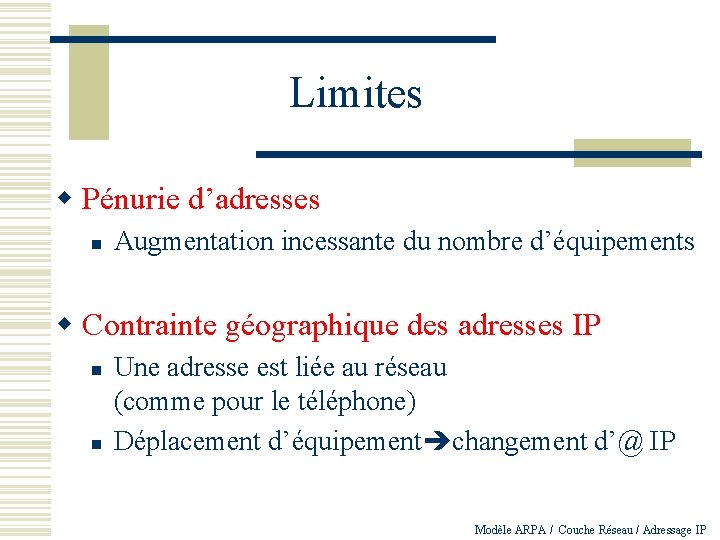 Limites w Pénurie d’adresses n Augmentation incessante du nombre d’équipements w Contrainte géographique des
