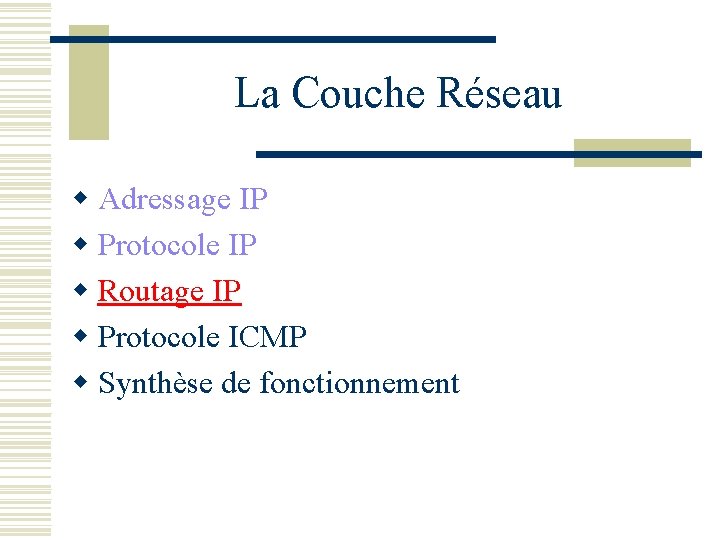La Couche Réseau w Adressage IP w Protocole IP w Routage IP w Protocole