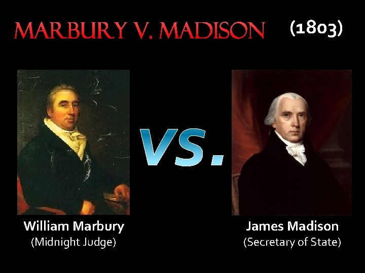 Marbury v. Madison (1803) William Marbury (Midnight Judge) James Madison (Secretary of State) 