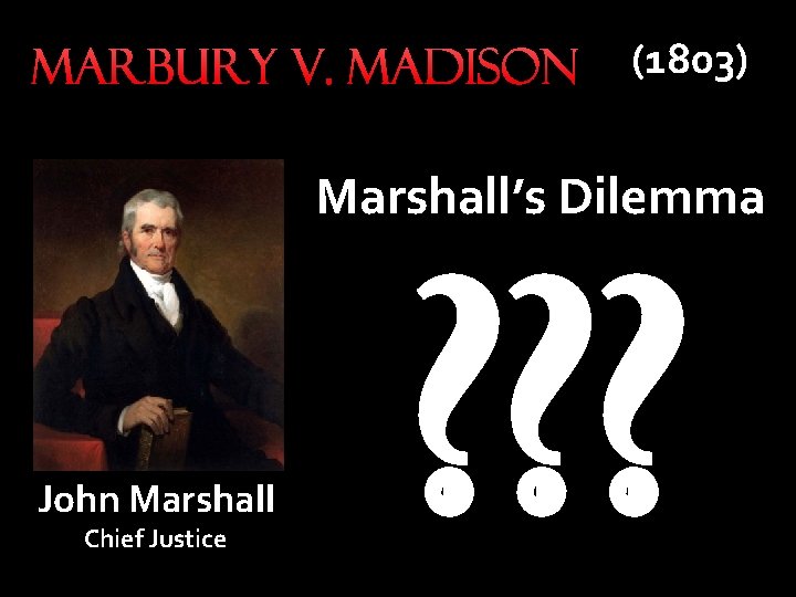 Marbury v. Madison (1803) Marshall’s Dilemma John Marshall Chief Justice ? ? ? 