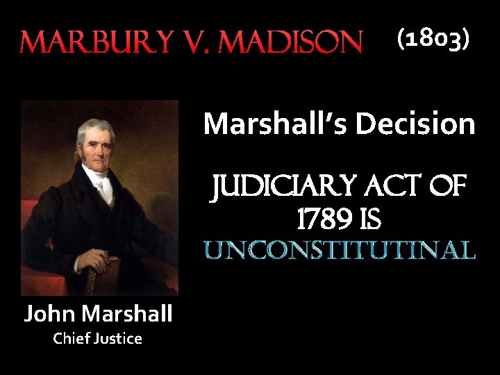 Marbury v. Madison (1803) Marshall’s Decision Judiciary Act of 1789 is UNCONSTITUTINAL John Marshall