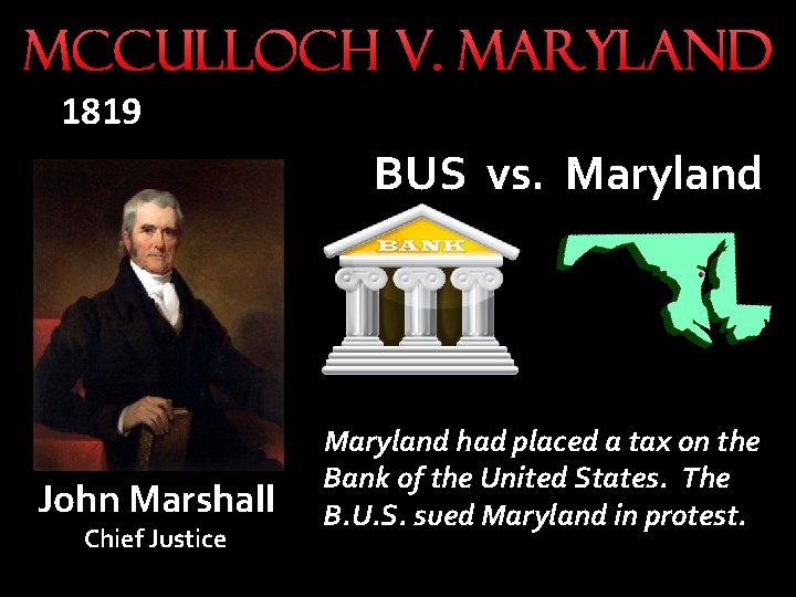 Mc. Culloch v. Maryland 1819 BUS vs. Maryland John Marshall Chief Justice Maryland had