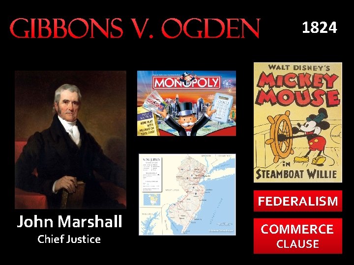 Gibbons v. Ogden 1824 FEDERALISM John Marshall Chief Justice COMMERCE CLAUSE 