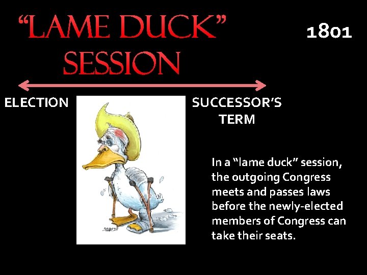 “Lame Duck” Session ELECTION 1801 SUCCESSOR’S TERM In a “lame duck” session, the outgoing