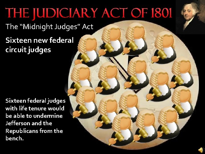 The Judiciary Act of 1801 The “Midnight Judges” Act Sixteen new federal circuit judges