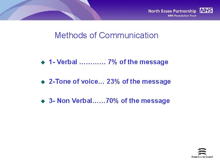 Methods of Communication u 1 - Verbal ………… 7% of the message u 2