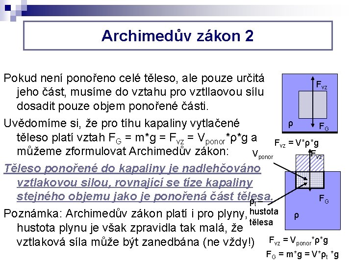 Archimedův zákon 2 Pokud není ponořeno celé těleso, ale pouze určitá Fvz jeho část, Archimedův zákon 2 Pokud není ponořeno celé těleso, ale pouze určitá Fvz jeho část,