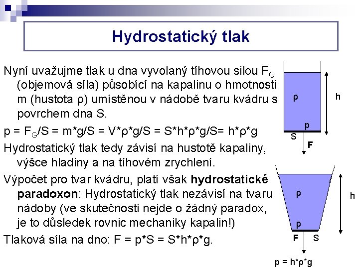 Hydrostatický tlak Nyní uvažujme tlak u dna vyvolaný tíhovou silou FG (objemová síla) působící Hydrostatický tlak Nyní uvažujme tlak u dna vyvolaný tíhovou silou FG (objemová síla) působící