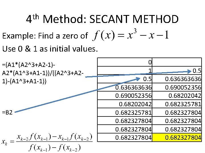 4 th Method: SECANT METHOD Example: Find a zero of Use 0 & 1