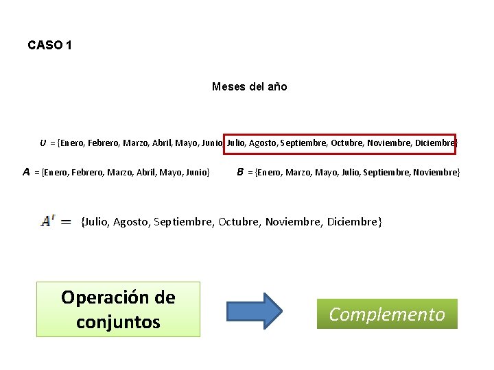 CASO 1 Meses del año U = {Enero, Febrero, Marzo, Abril, Mayo, Junio, Julio,