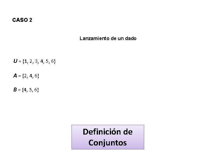 CASO 2 Lanzamiento de un dado U = {1, 2, 3, 4, 5, 6}