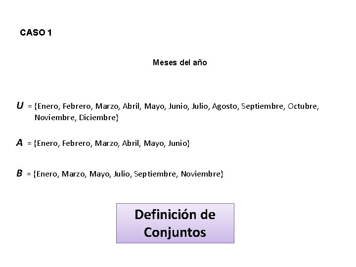 CASO 1 Meses del año U = {Enero, Febrero, Marzo, Abril, Mayo, Junio, Julio,