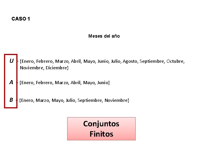 CASO 1 Meses del año U = {Enero, Febrero, Marzo, Abril, Mayo, Junio, Julio,