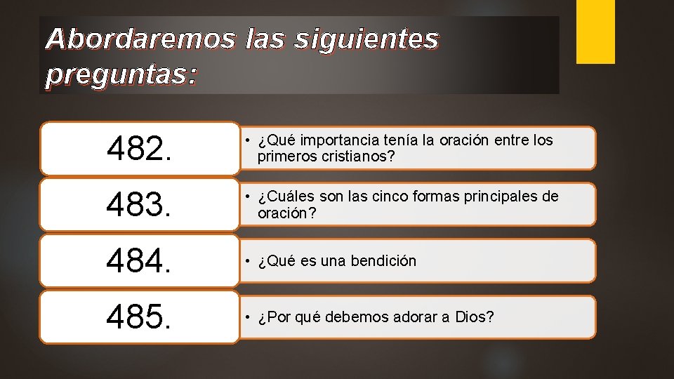 Abordaremos las siguientes preguntas: 482. • ¿Qué importancia tenía la oración entre los primeros