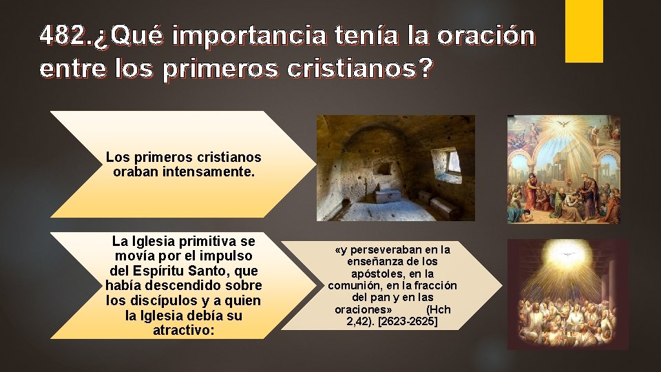 482. ¿Qué importancia tenía la oración entre los primeros cristianos? Los primeros cristianos oraban