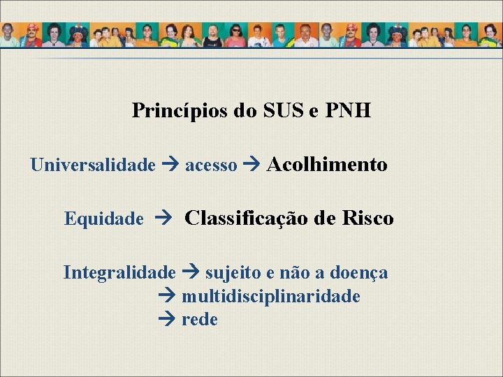 Princípios do SUS e PNH Universalidade acesso Acolhimento Equidade Classificação de Risco Integralidade sujeito