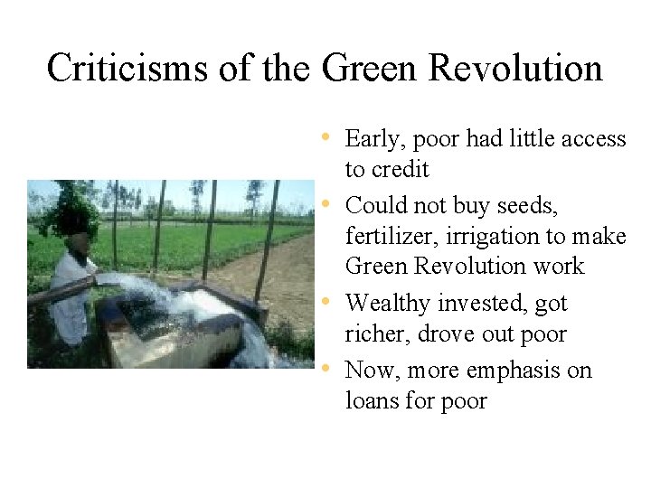 Criticisms of the Green Revolution • Early, poor had little access to credit •