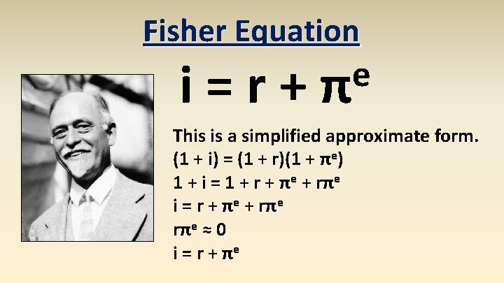 Fisher Equation i=r+ e π This is a simplified approximate form. (1 + i)