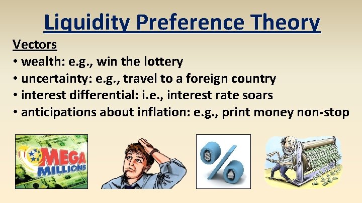 Liquidity Preference Theory Vectors • wealth: e. g. , win the lottery • uncertainty: