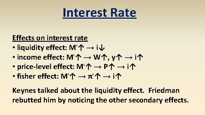 Interest Rate Effects on interest rate • liquidity effect: M ↑ → i↓ •