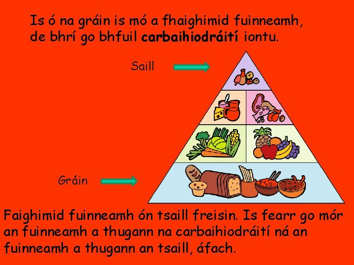 Is ó na gráin is mó a fhaighimid fuinneamh, de bhrí go bhfuil carbaihiodráití