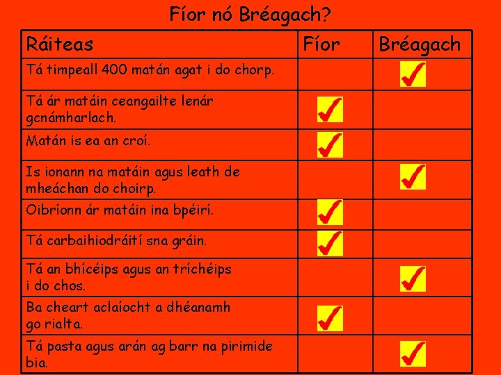 Fíor nó Bréagach? Ráiteas Tá timpeall 400 matán agat i do chorp. Tá ár